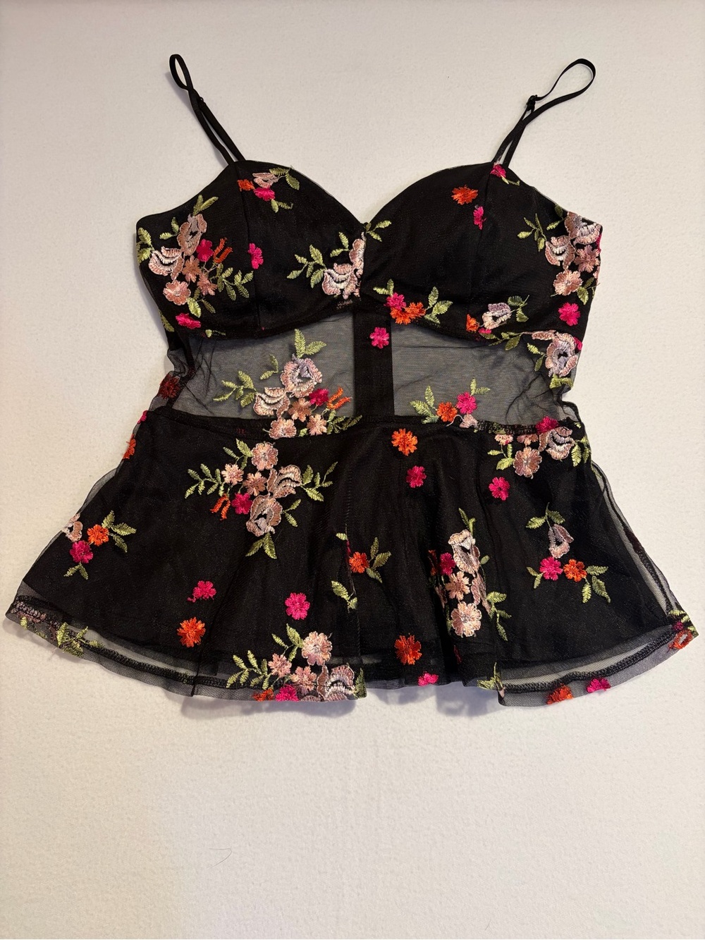 Vintage Y2K Charlotte Russe Black Sheer Cami w/ Colorful Floral Embroidery